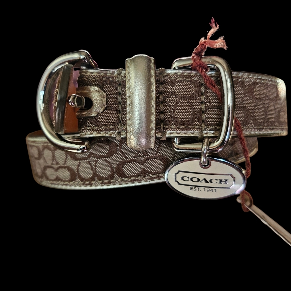 COACH Brown/Tan Leather Signture New XL Dog Collar with Champagne/Gold Trim